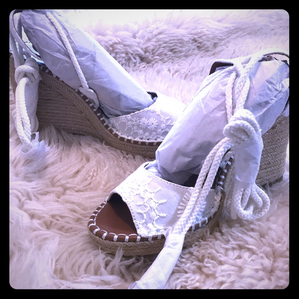 White ankle wrap peep toe espadrilles